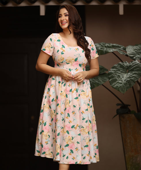Round Neck Short Sleeve Printed Dress